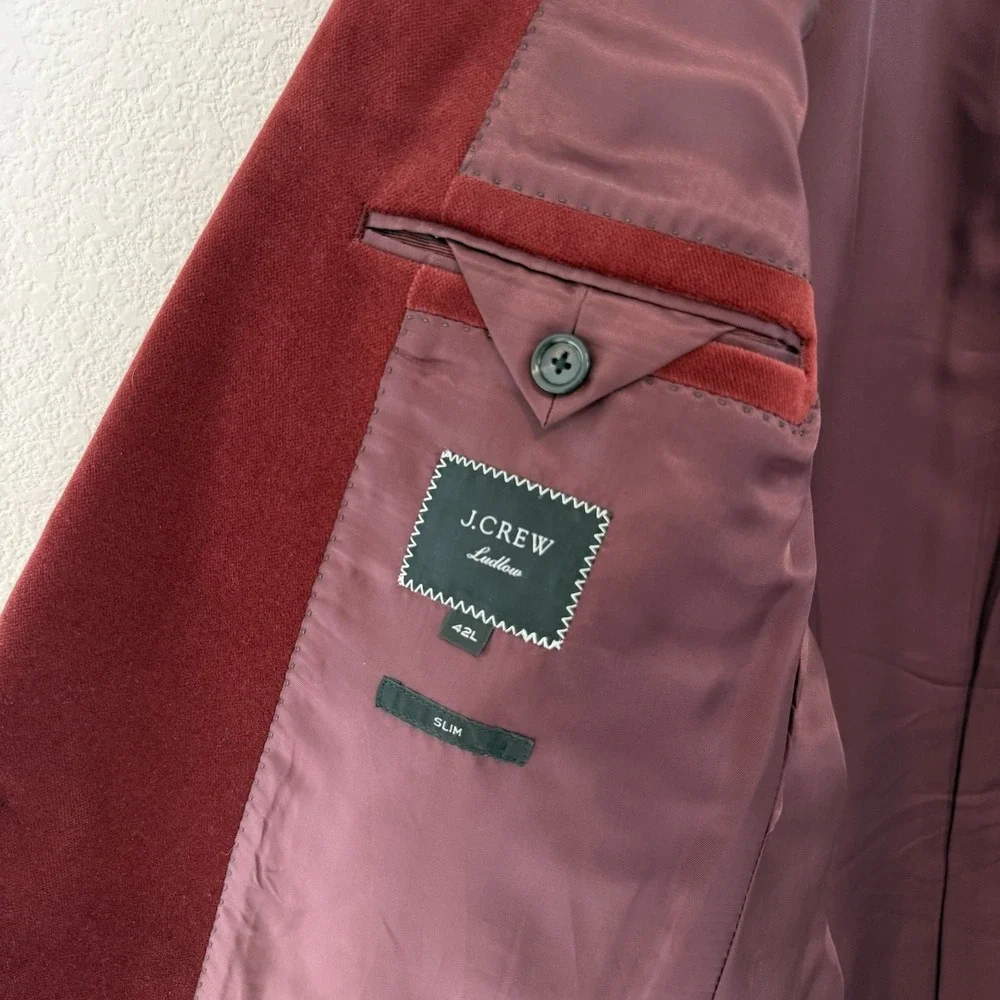 JCrew Mens Ludlow Velvet Blazer Dinner Jacket 42L Slim Burgundy PRISTINE